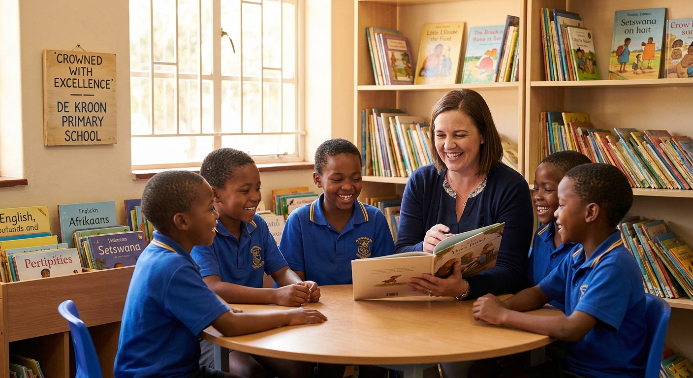 Learners and teacher at De Kroon Primary School