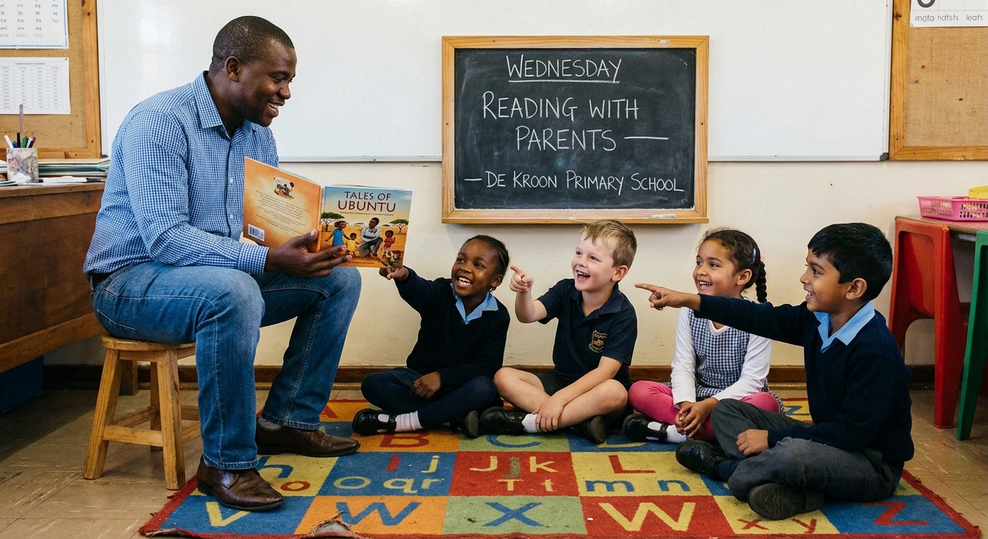 Parent volunteer reading to learners
