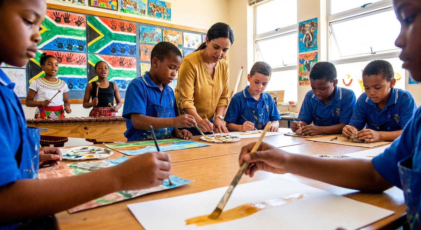 Learners painting and singing in arts class