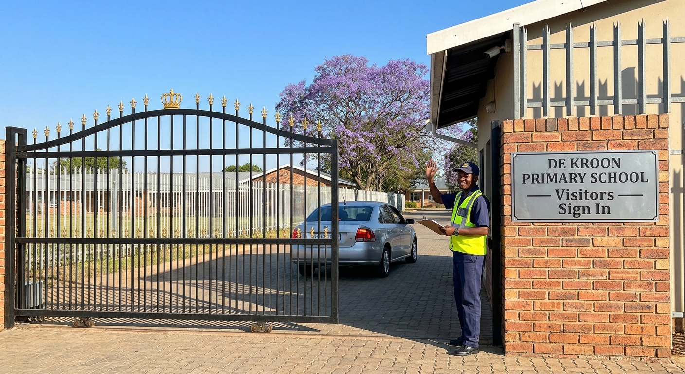 Secure school gate with friendly security guard