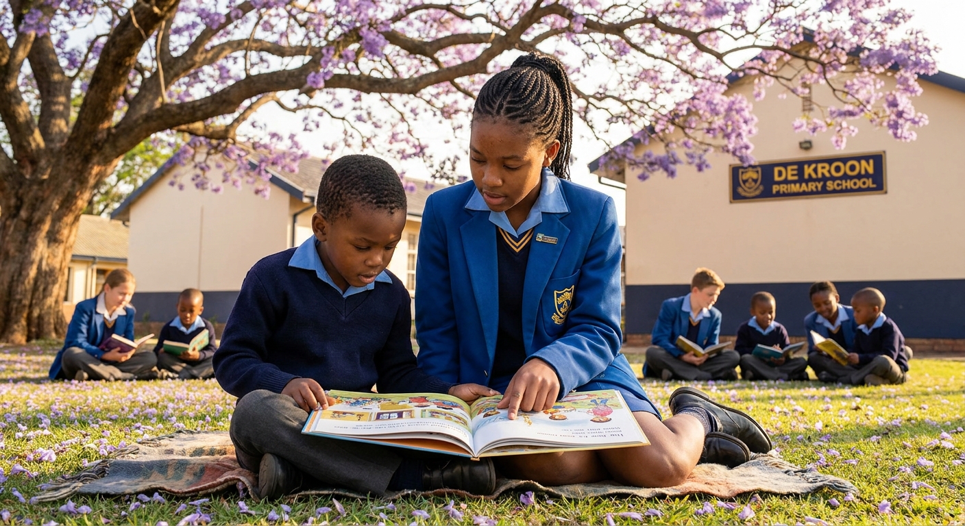 Teacher reading with learners under a tree